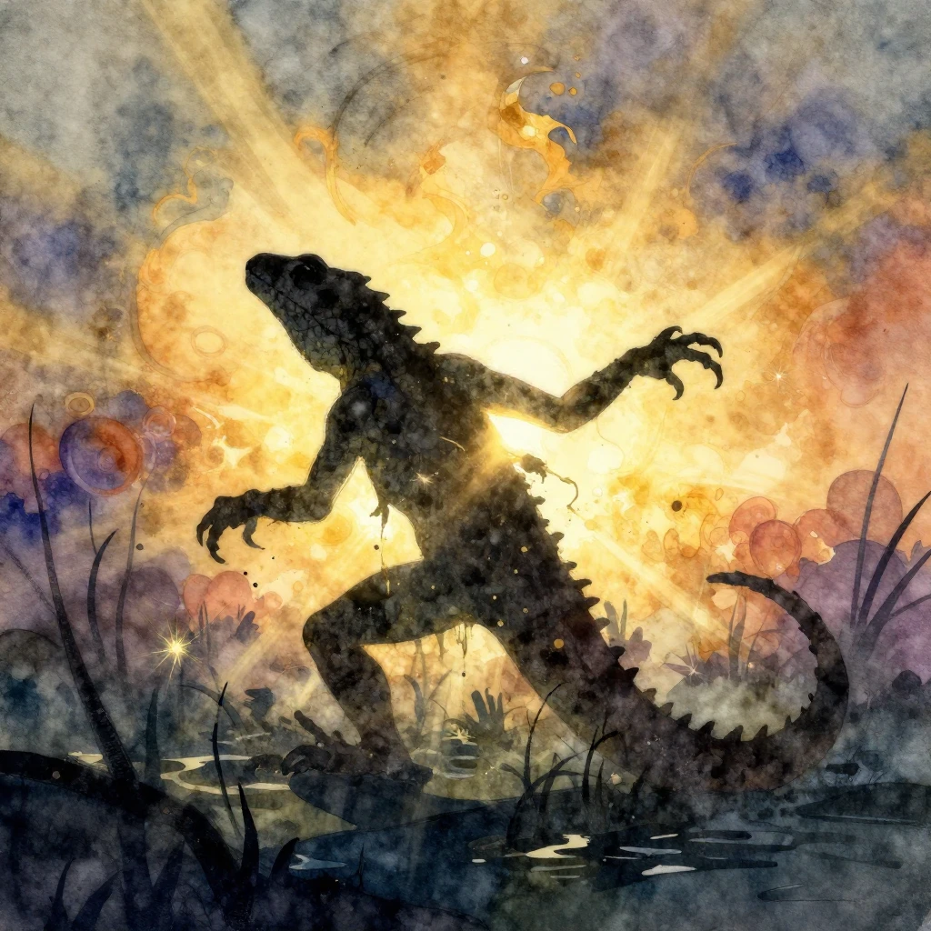 A vibrant watercolor illustration of a dark, swampy silhouet...