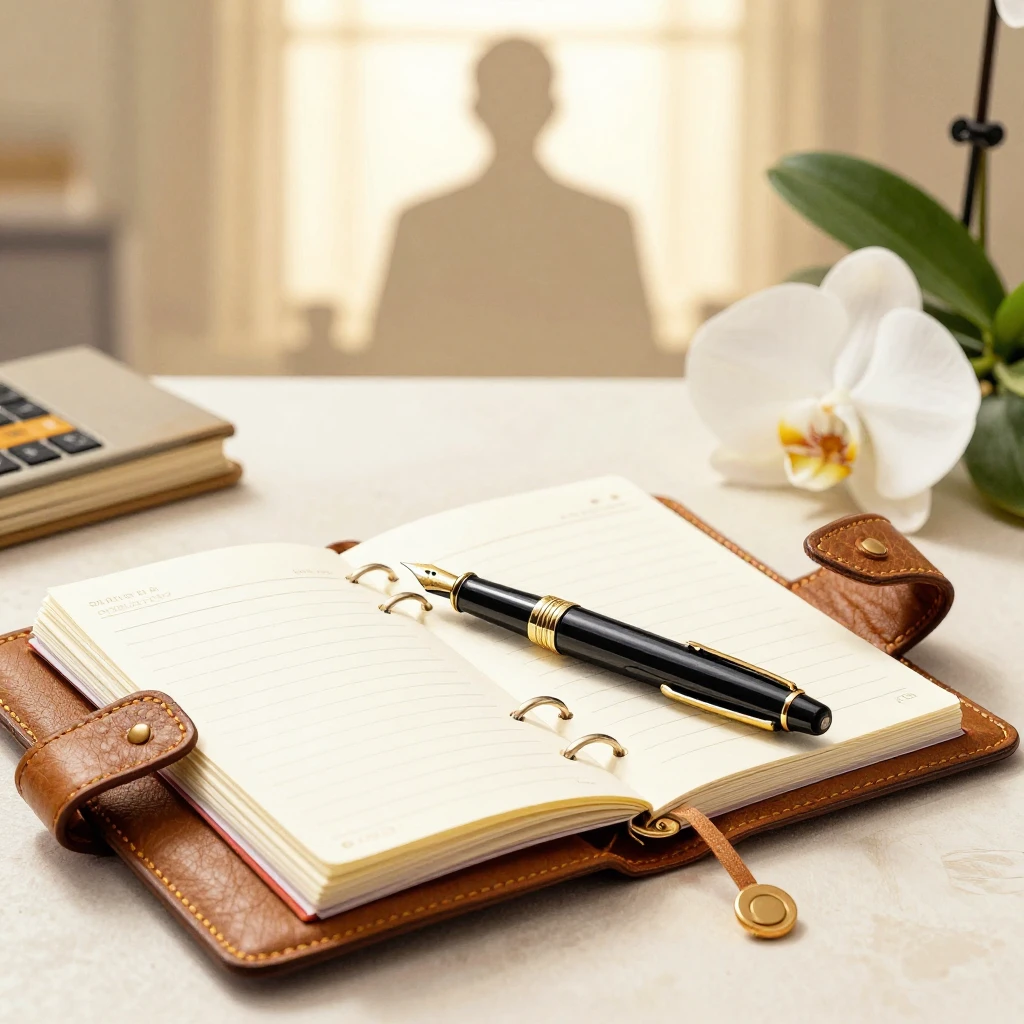 Watercolor style. An elegant desk with a stylish fountain pe...