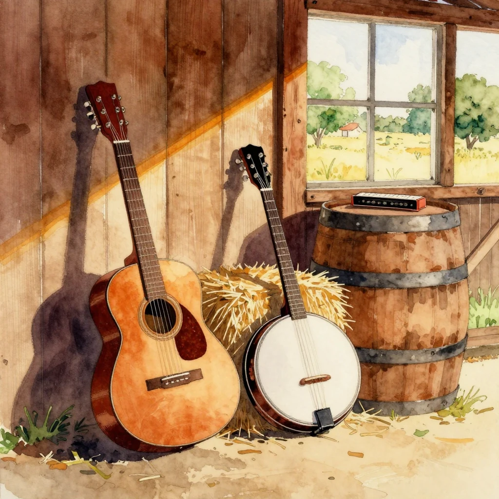 Watercolor painting of traditional American folk music instr...