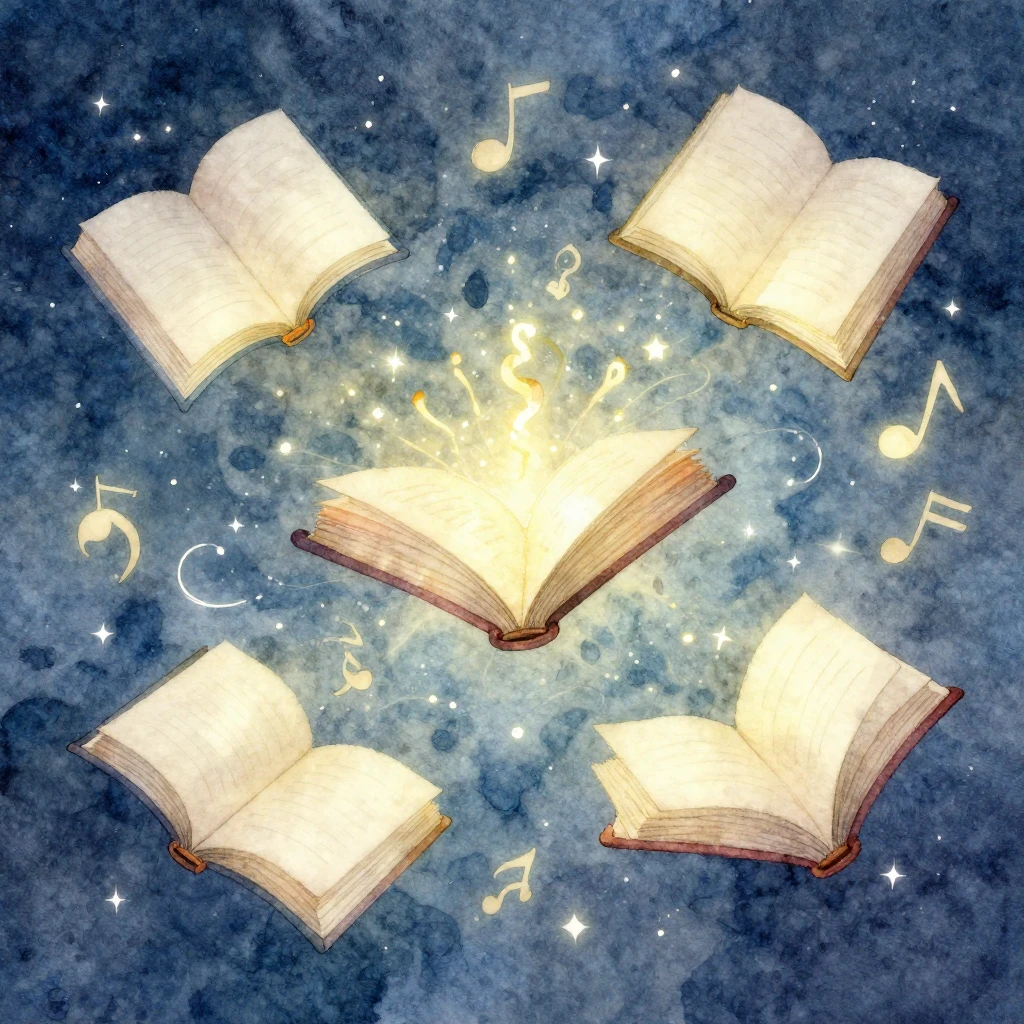 A whimsical watercolor illustration of open books floating i...