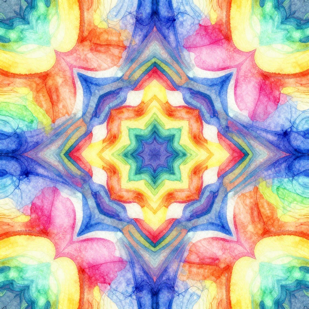 A vibrant kaleidoscope pattern in watercolor style, featurin...