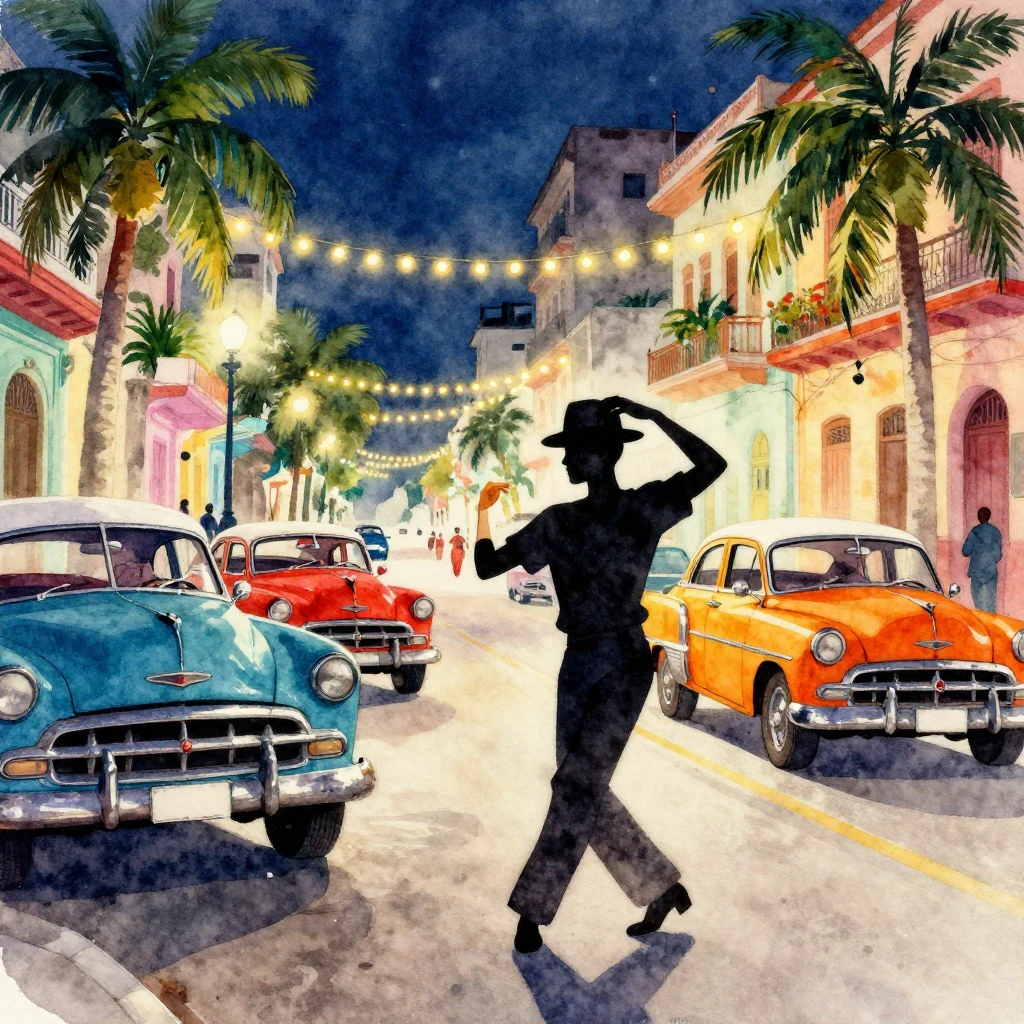 Watercolor painting of a vibrant Havana street scene at nigh...