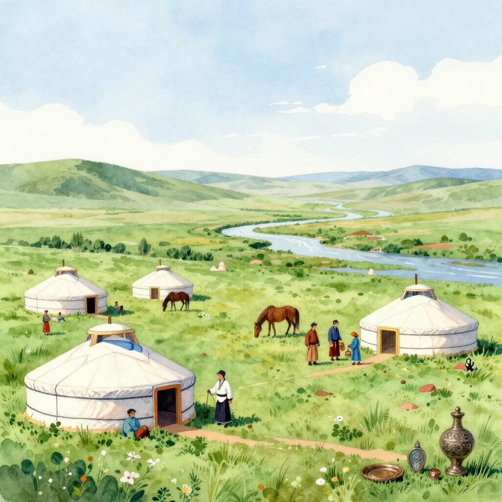 A vibrant watercolor painting of a traditional nomadic camp....