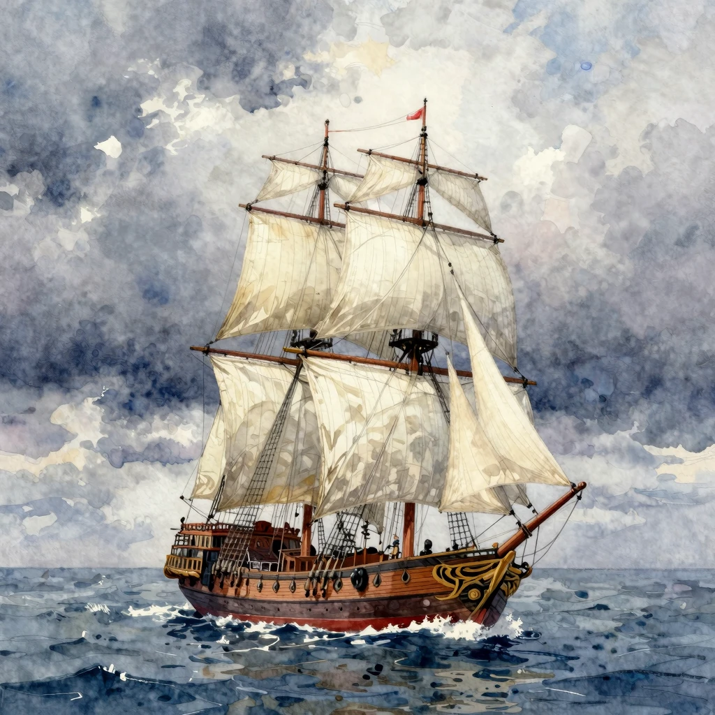 A detailed caravel ship sailing on a vast, open sea under a ...