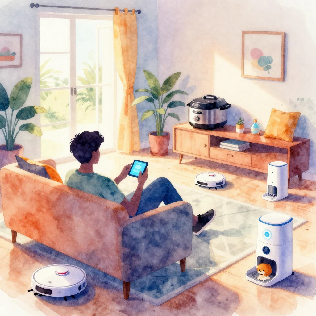 Vibrant watercolor style. A cozy, futuristic living room wit...