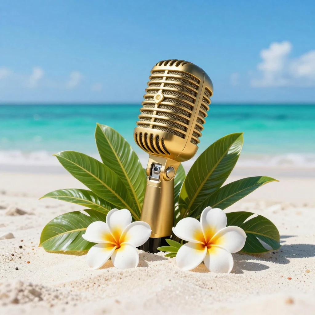 An artistic depiction of a golden microphone nestled among l...