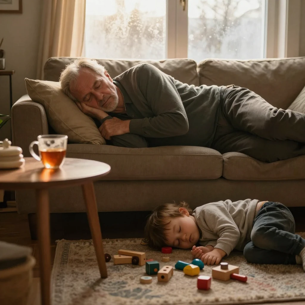 An elderly man peacefully napping on a cozy sofa, a half-emp...