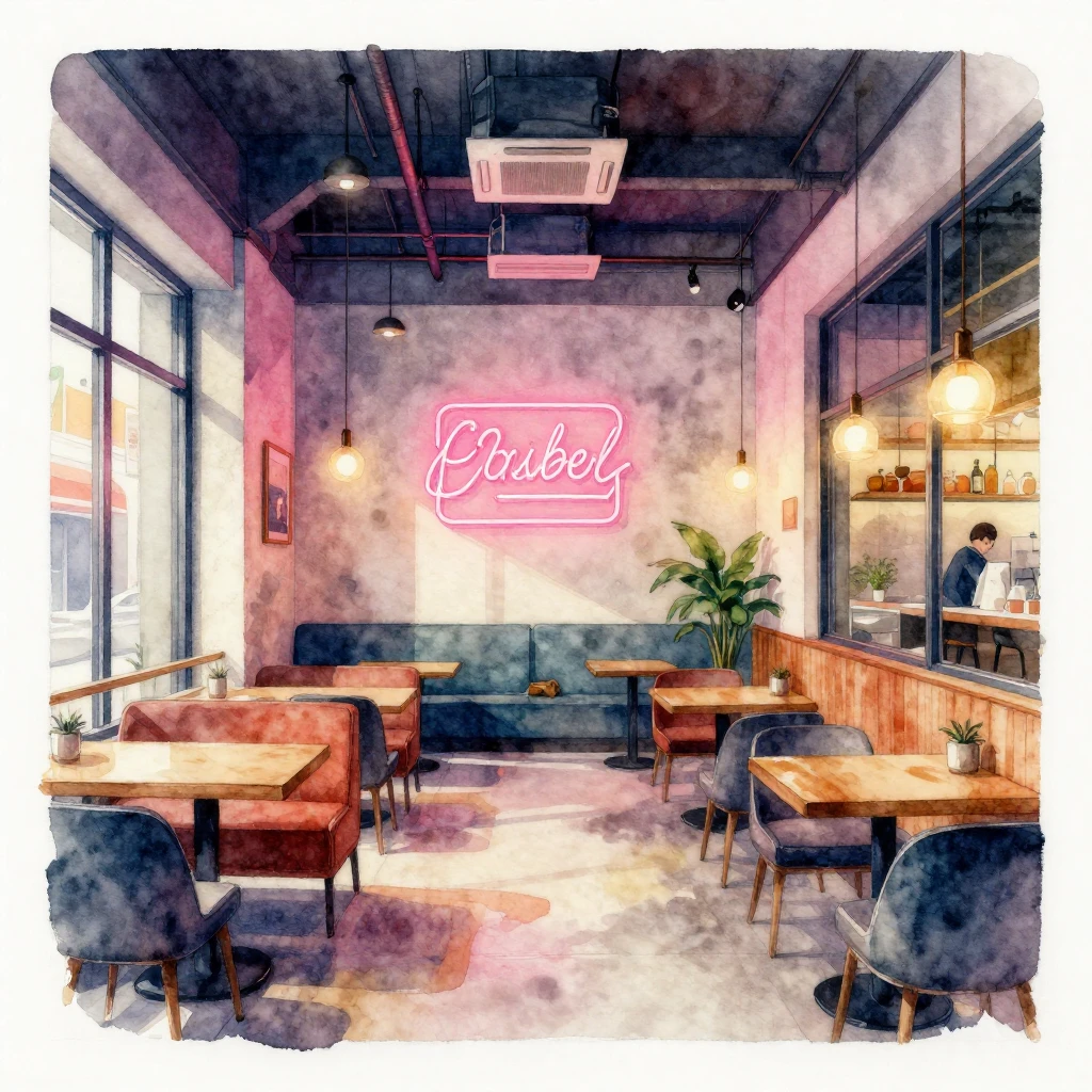 A watercolor painting of a stylish loft cafe interior, featu...