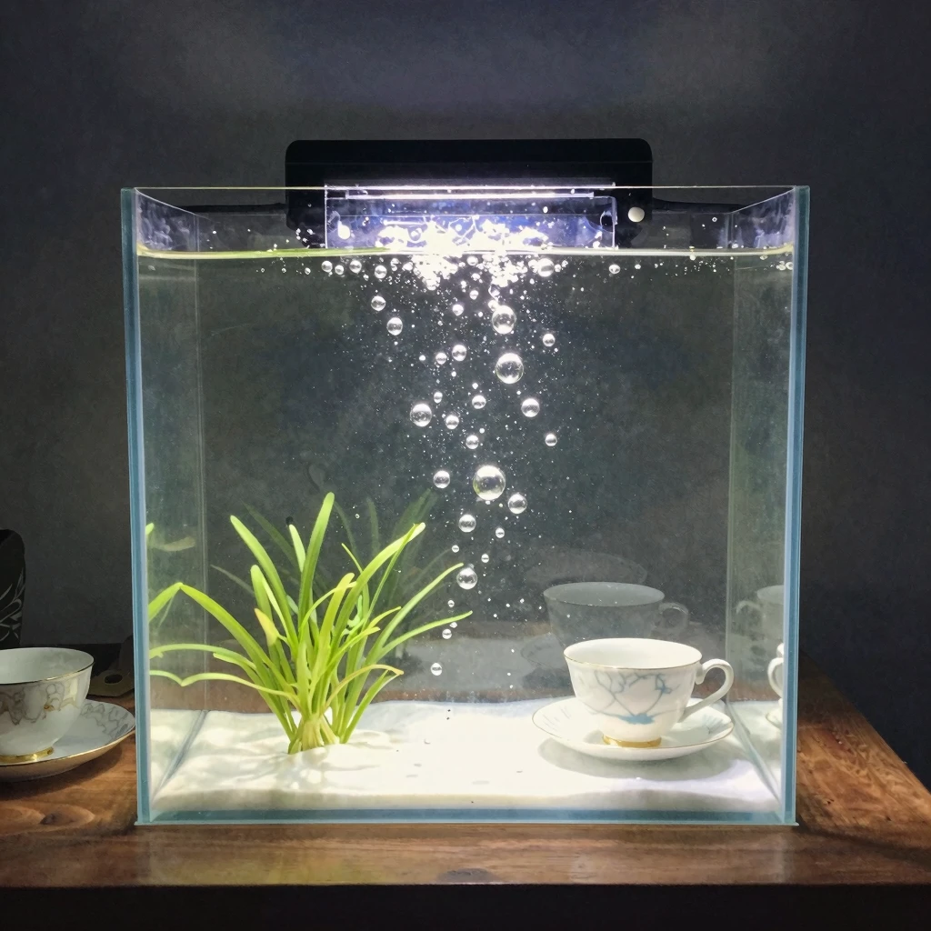 A glowing aquarium with gentle bubbles rising, set within a ...