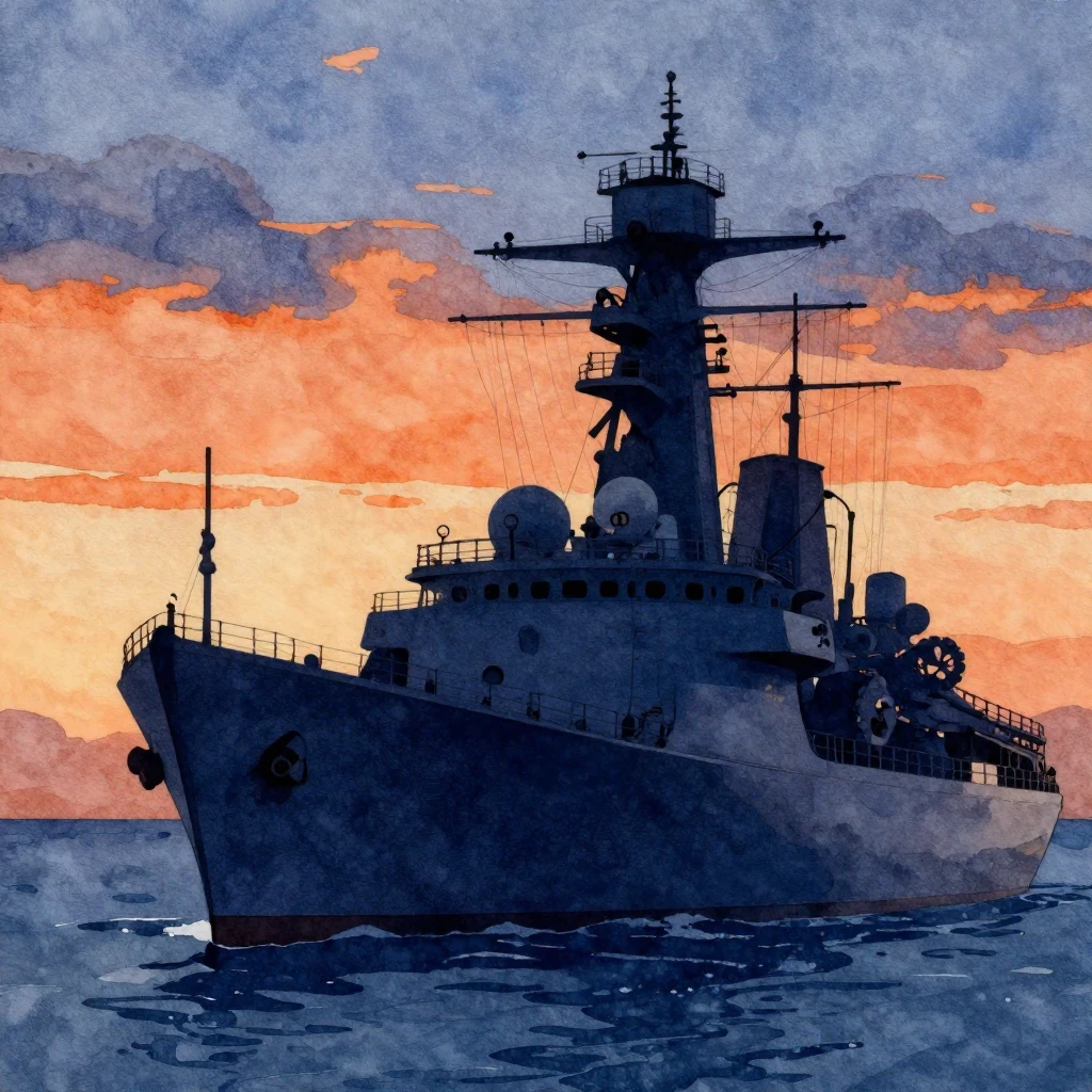 Watercolor style. A silhouette of a sailor standing on the d...