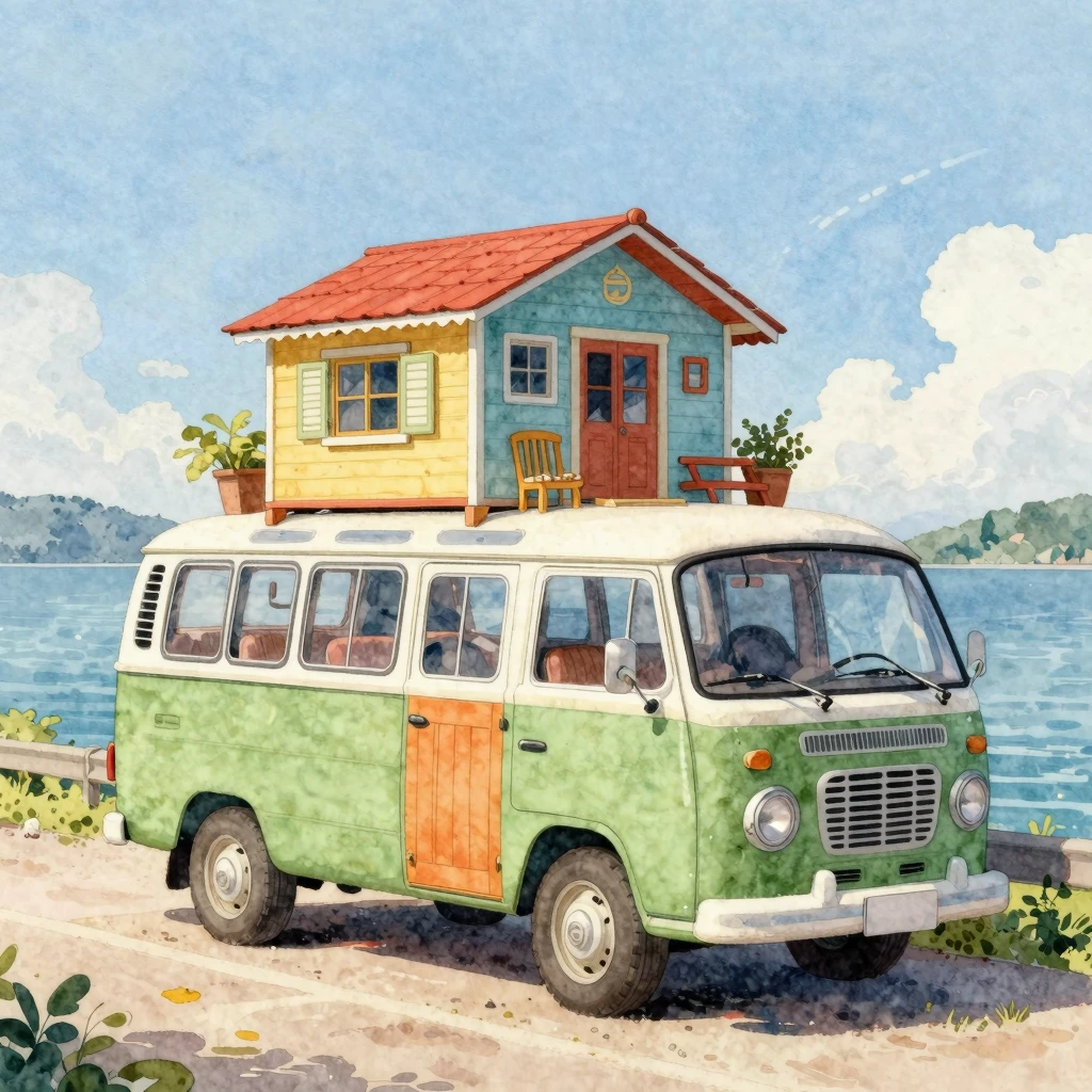 A vibrant watercolor painting of a repurposed old minibus, t...