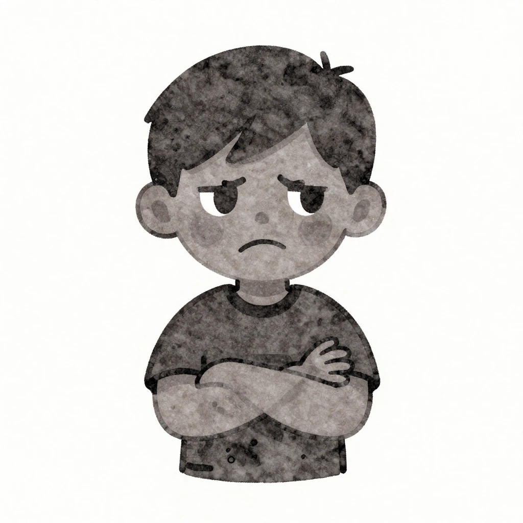 A silhouette of a young boy with a grumpy expression, arms c...