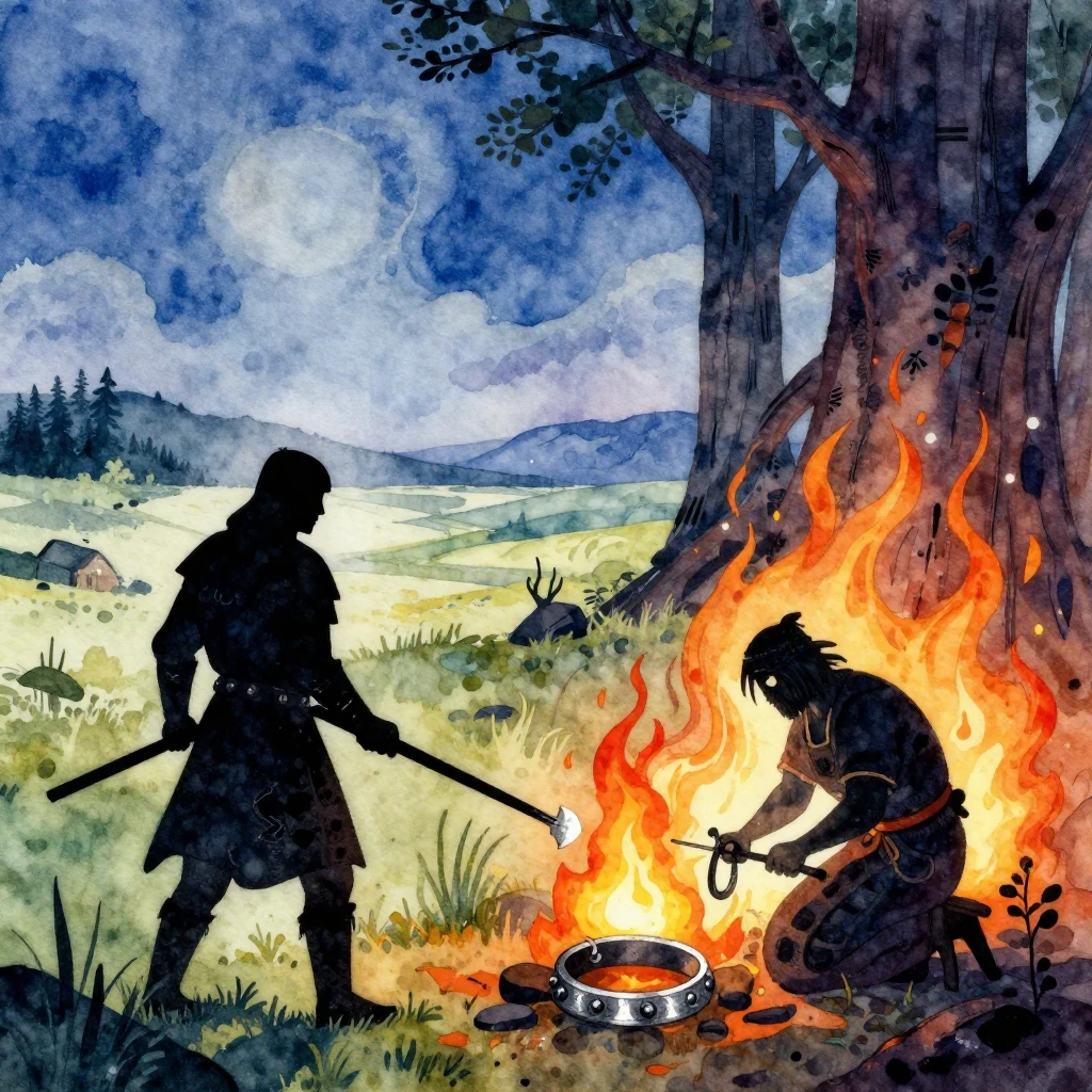 Vibrant watercolor illustration of dark Nordic folk art, fea...