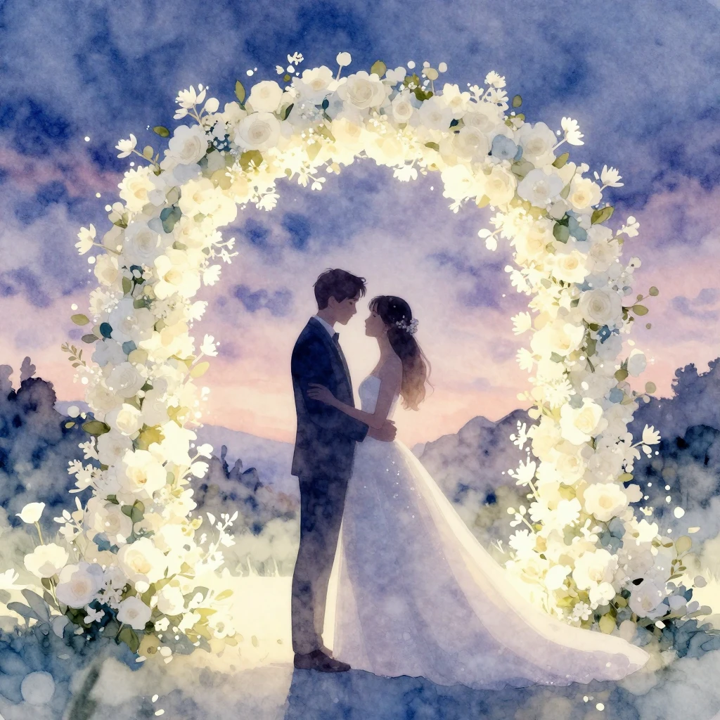 Watercolor style silhouettes of a newlywed couple standing u...