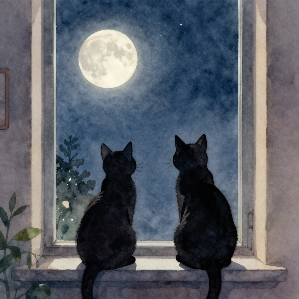 Two cat silhouettes sitting on a windowsill, looking out at ...