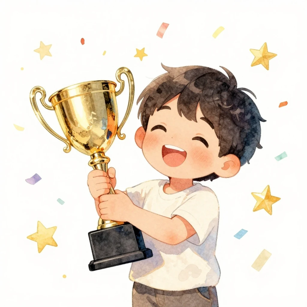 A joyful young boy holding a golden trophy, surrounded by fl...