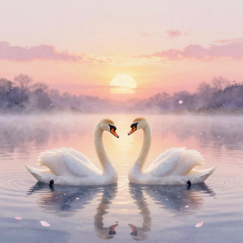 A soft watercolor painting depicting two elegant swans, symb...