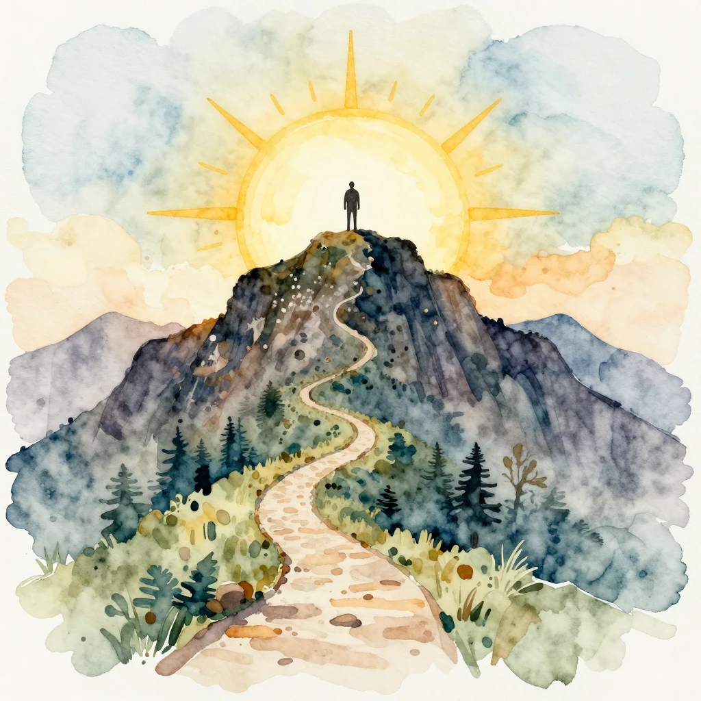 Watercolor style abstract composition of a mountain peak wit...