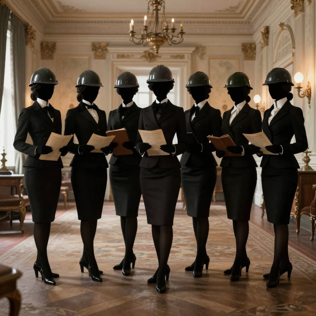 Six elegant female silhouettes in detailed 19th-century offi...