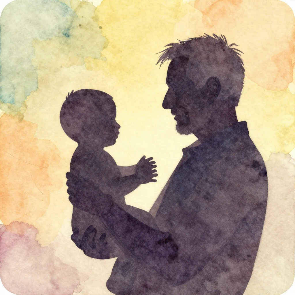 A silhouette of an old man holding a baby, bathed in soft, w...