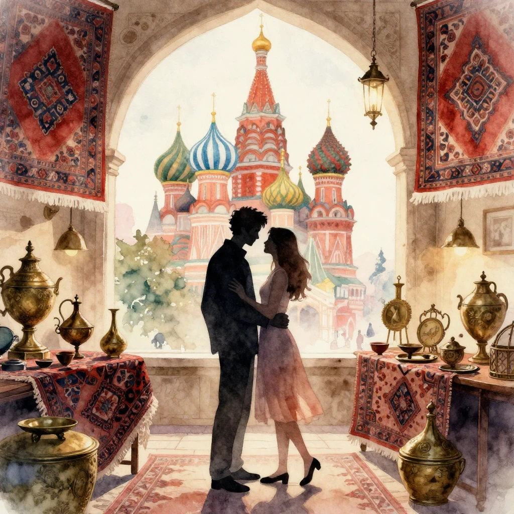 A watercolor illustration with a subtle blend of Russian oni...