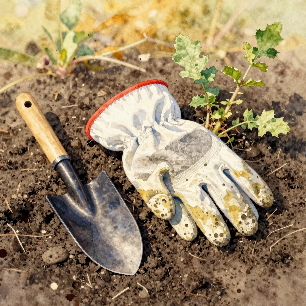 Still life of garden gloves and trowel on dark soil, pulled ...