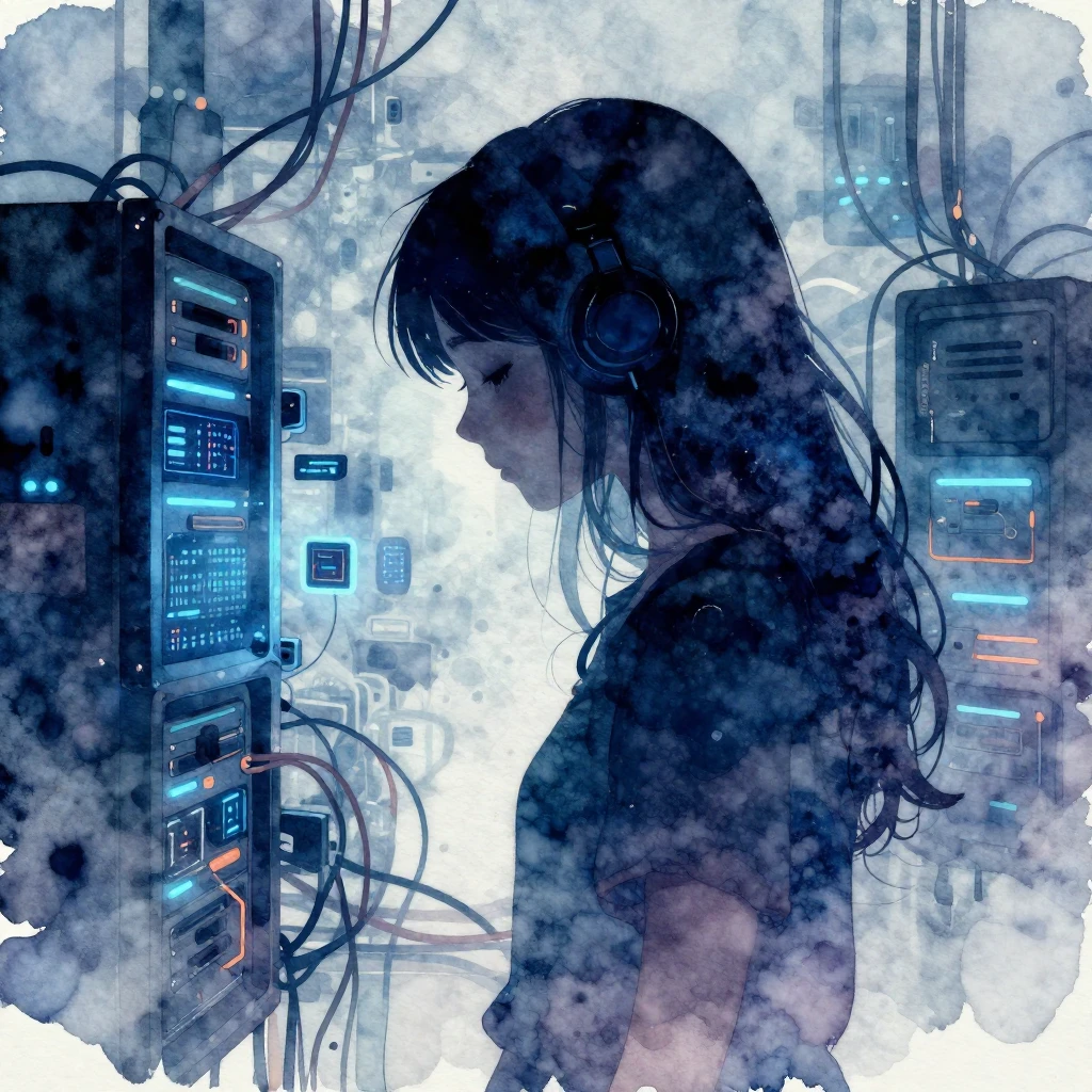 A melancholic AI girl silhouette in a vibrant watercolor sty...