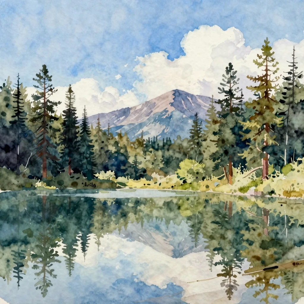 A watercolor painting of a serene mountain lake reflecting p...