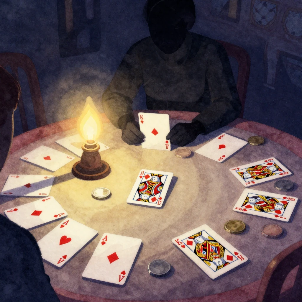 A vibrant watercolor illustration depicting a dimly lit card...