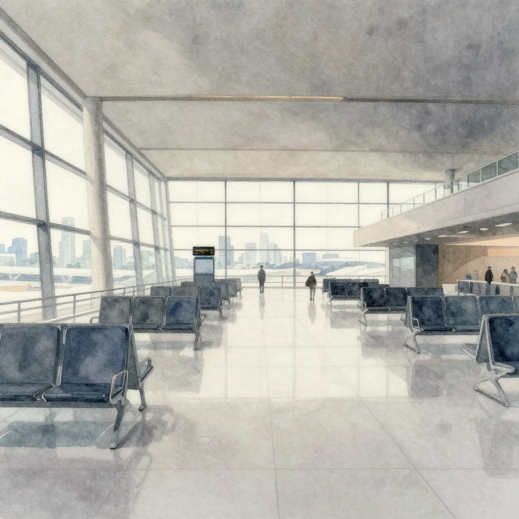 A watercolor illustration of a cold, desolate airport termin...