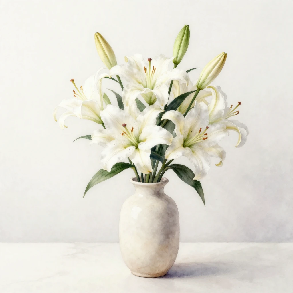 A watercolor painting of a beautiful bouquet of white lilies...