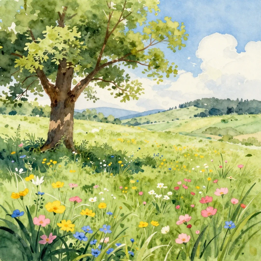 A beautiful watercolor painting of a lush green meadow fille...