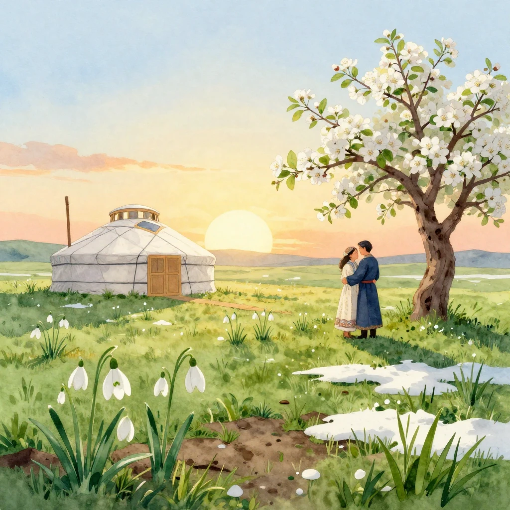 A serene watercolor painting of the Kazakh steppe during ear...