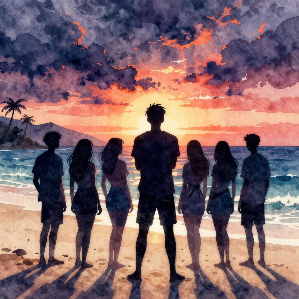 Vibrant watercolor style. Dark, stylized silhouette of a gro...