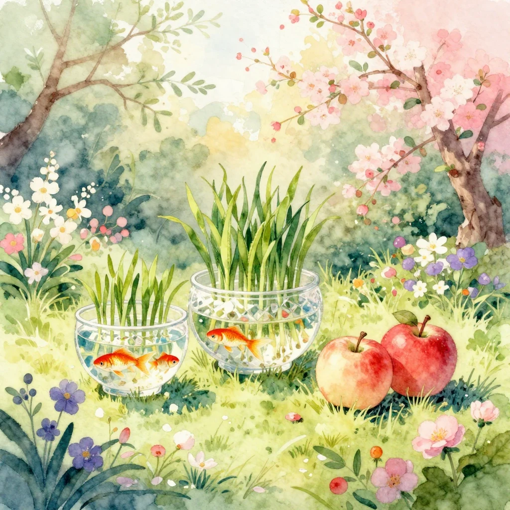 A beautiful watercolor painting of a lush garden in full blo...