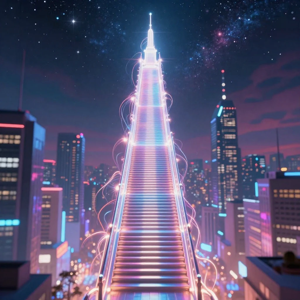 A towering, impossible staircase made of glowing energy, asc...