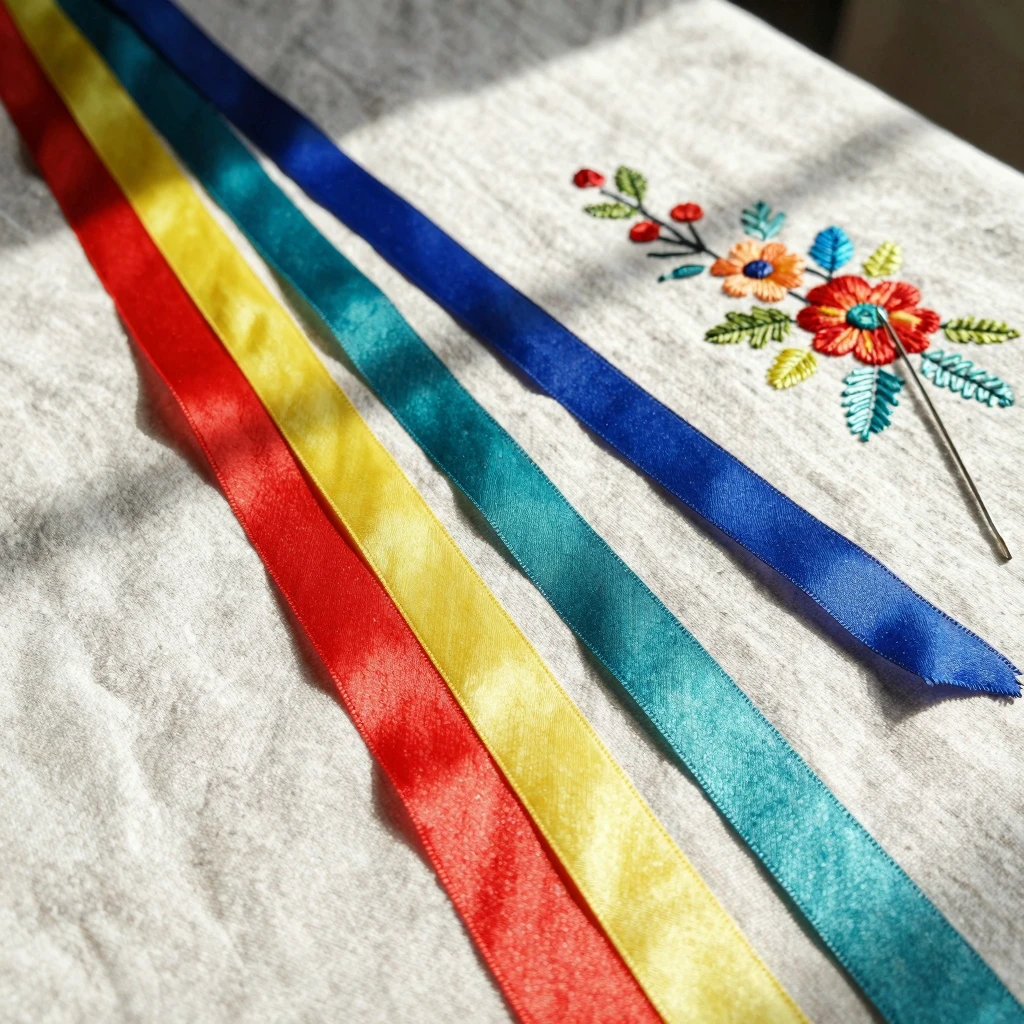 Watercolor still life of colorful silk ribbons, a needle, an...
