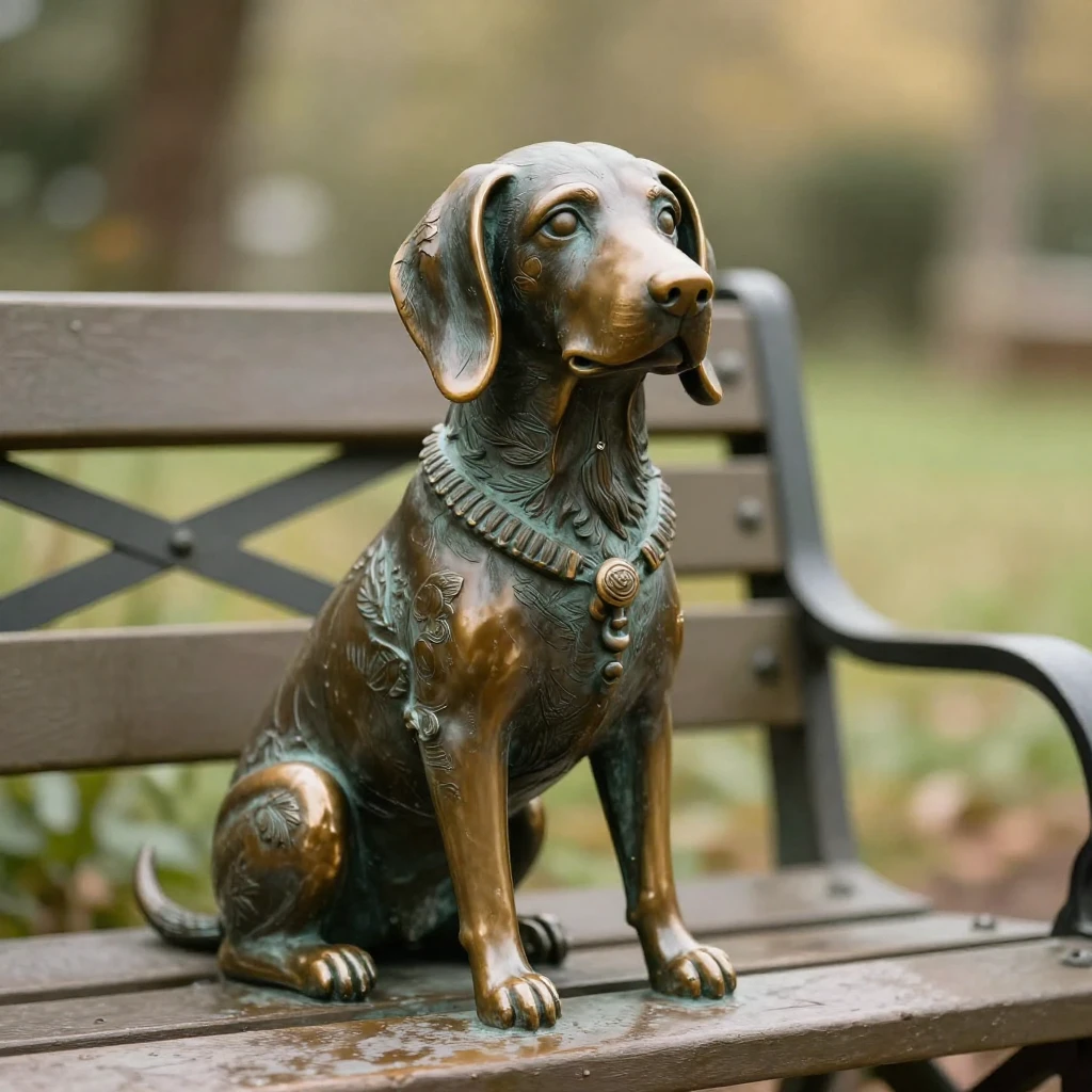 A bronze statue of a dog with long ears sits on a bench in a...