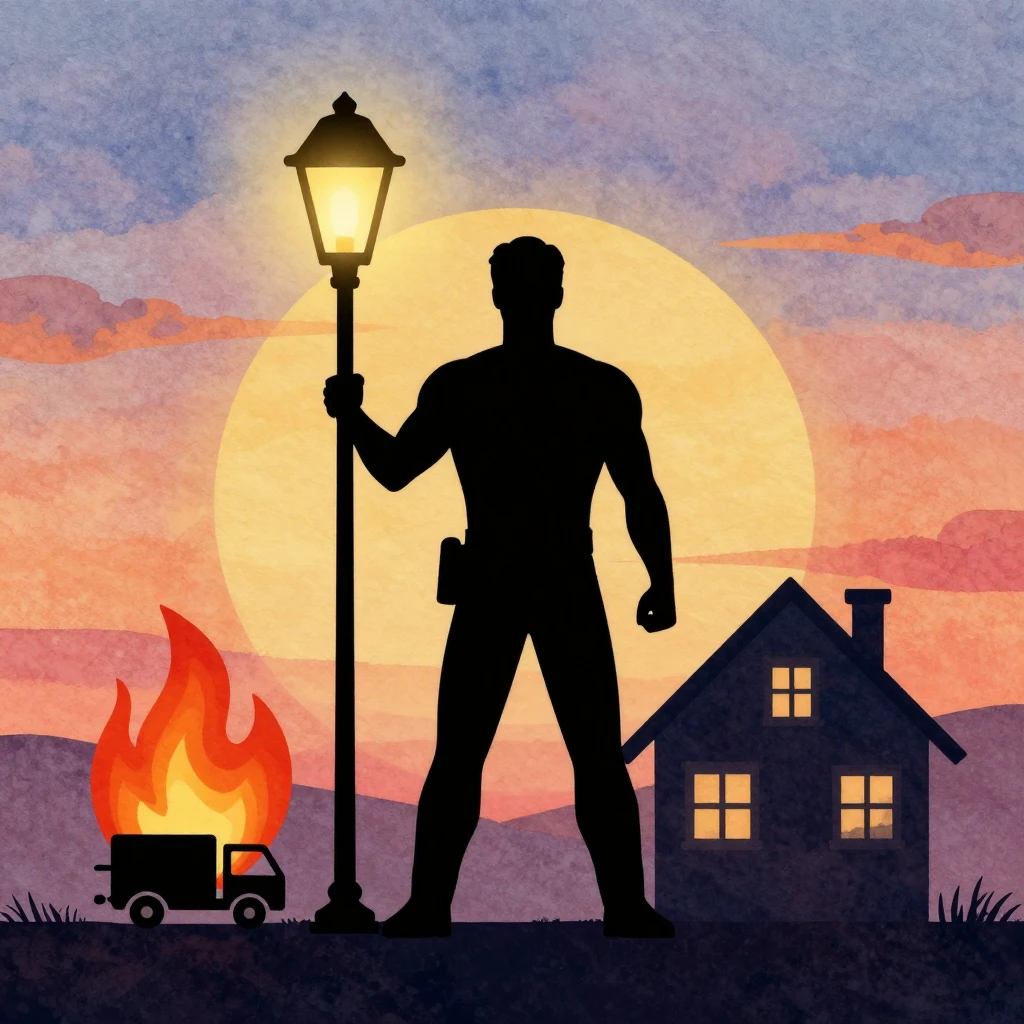 Watercolor style silhouette of a heroic man holding a glowin...