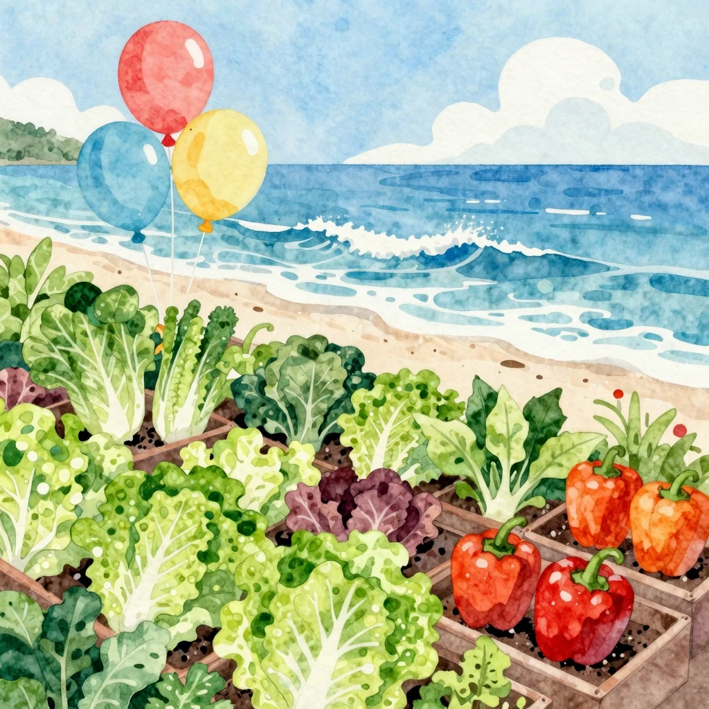 Watercolor illustration of a seaside garden, lush vegetables...