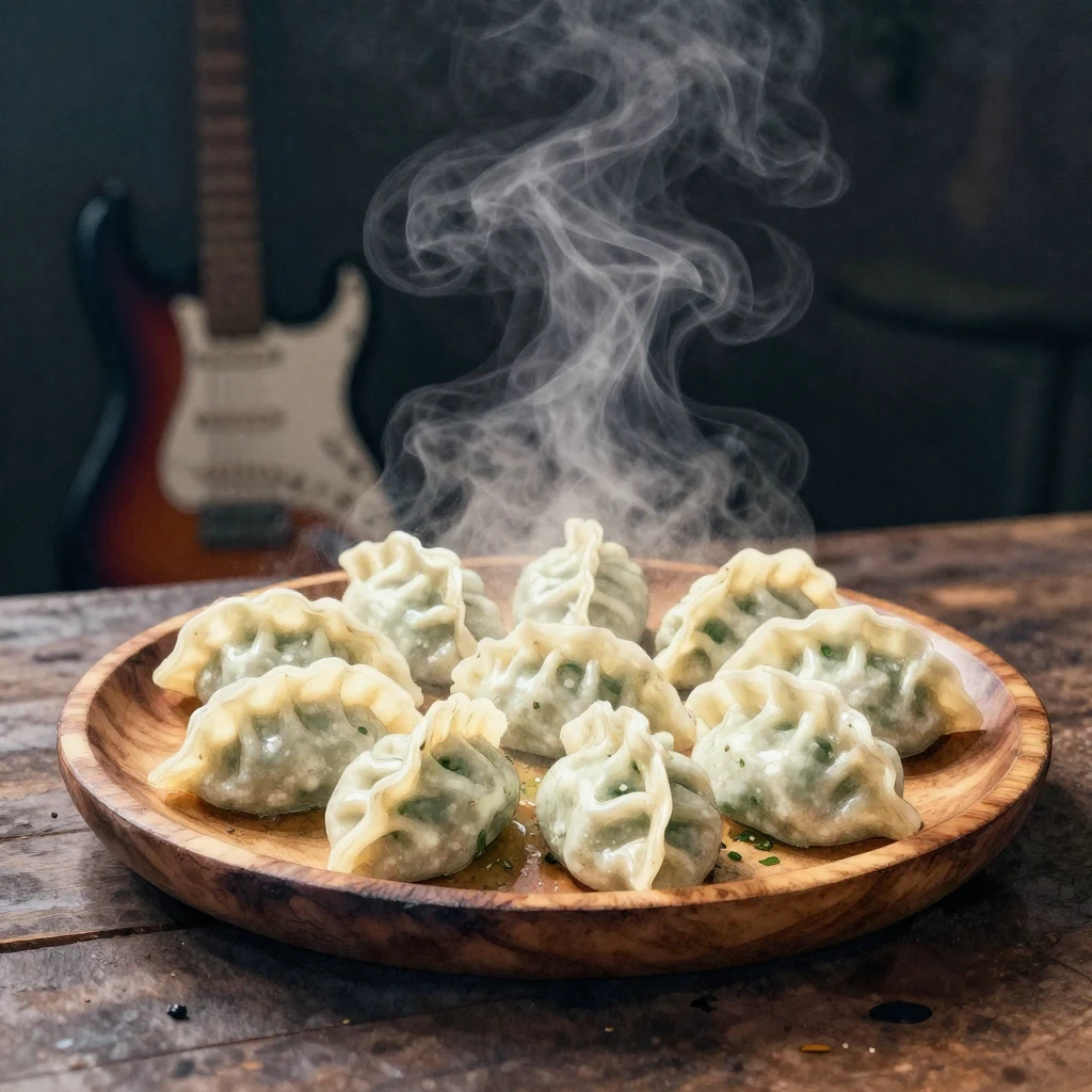 A watercolor painting of steaming hot dumplings on a rustic ...