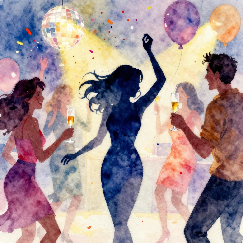 A lively birthday party scene in vibrant watercolor style. A...