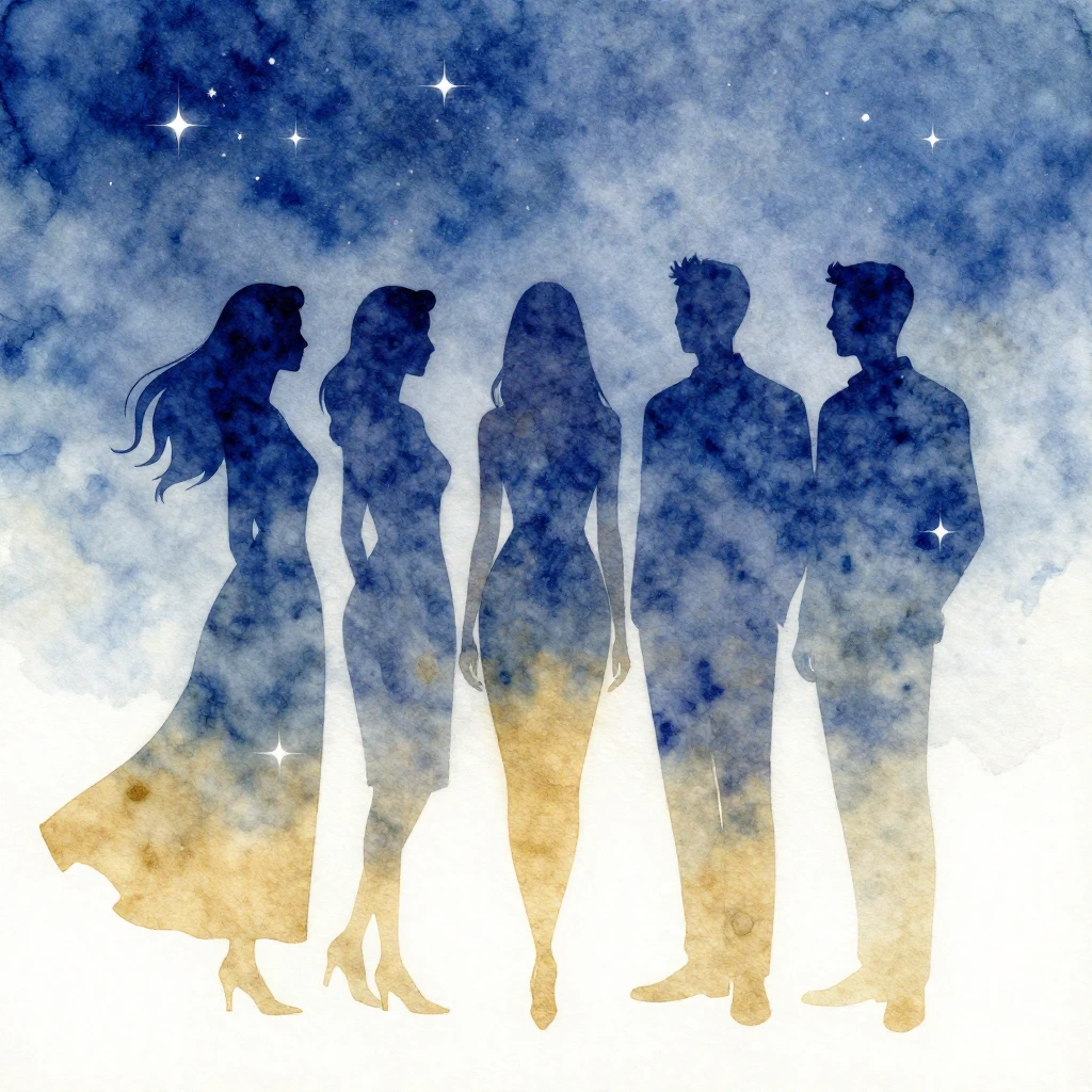 Watercolor style. Silhouettes of three women and three men s...