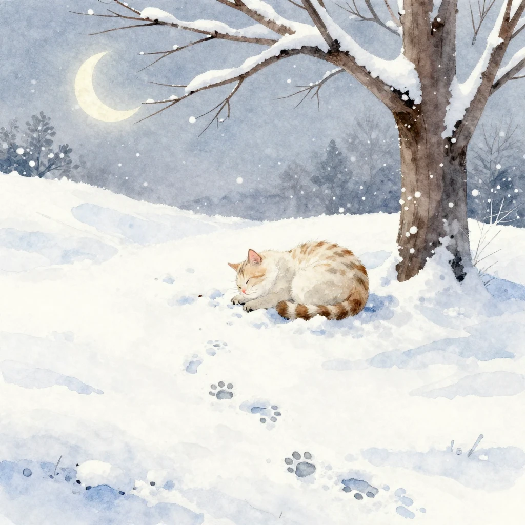 A subtle watercolor depiction of a cat's paw prints in fresh...