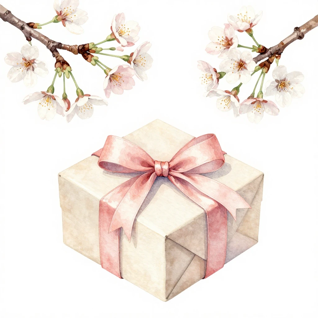 A delicate composition featuring blooming cherry branches an...