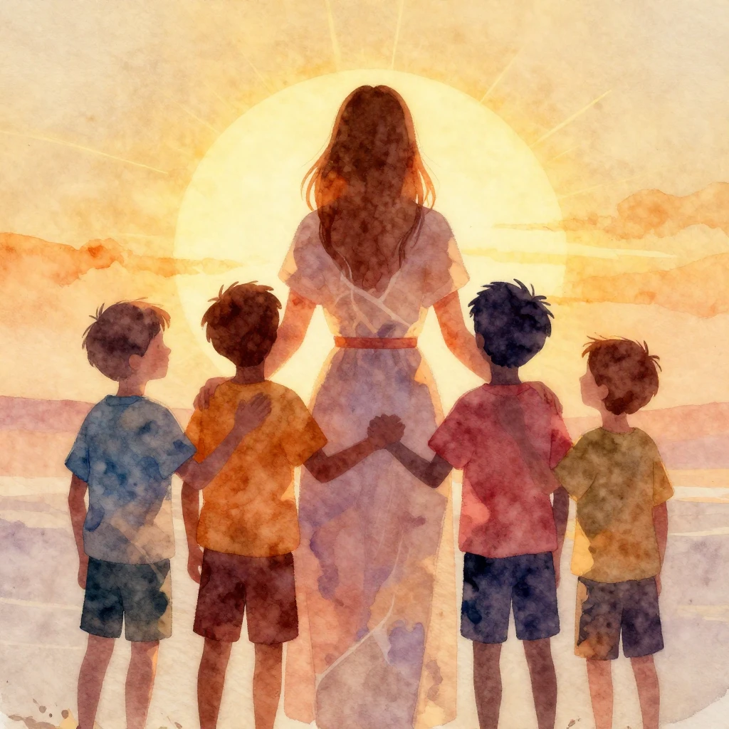 A vibrant watercolor painting depicting the strong, protecti...