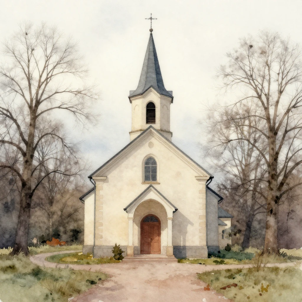 A small, humble church with architectural details, surrounde...
