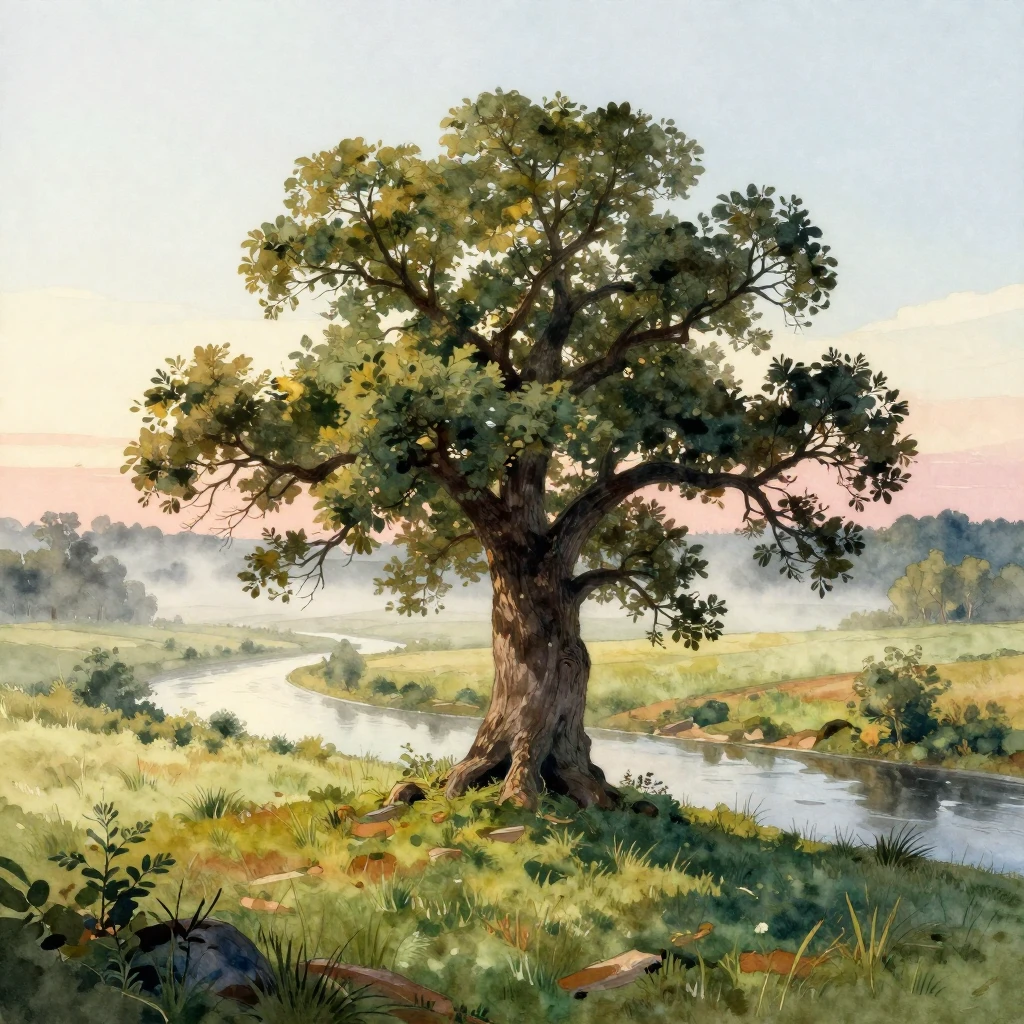 Ancient Slavic landscape at dawn with an old oak tree and wi...