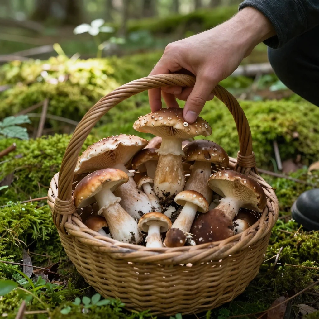 A person with a basket, carefully picking various types of m...