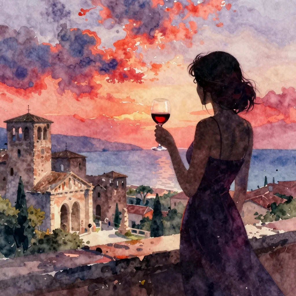 Vibrant watercolor style. A lone silhouette of a woman, hold...